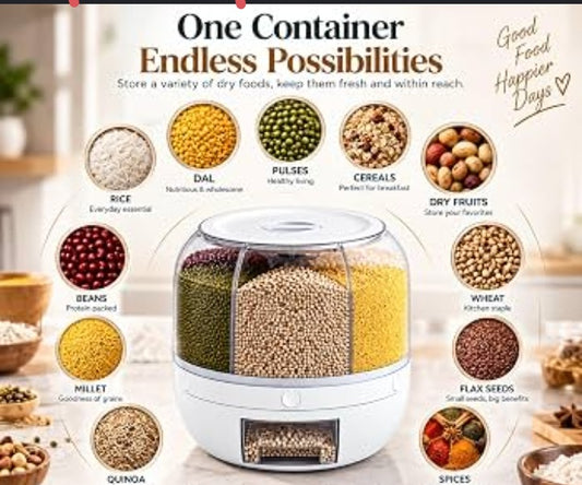 6-Grid Rotating Food Dispenser - Rice Bucket Storage Tank